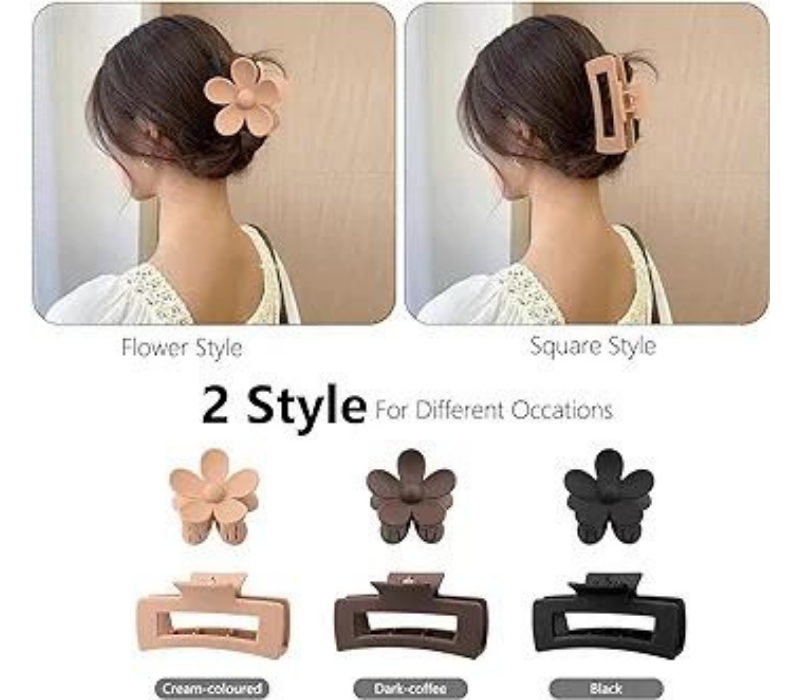 6 Pack Large Rectangle Hair Claw Clips - Matte Flower Clips, Neutral Colors 